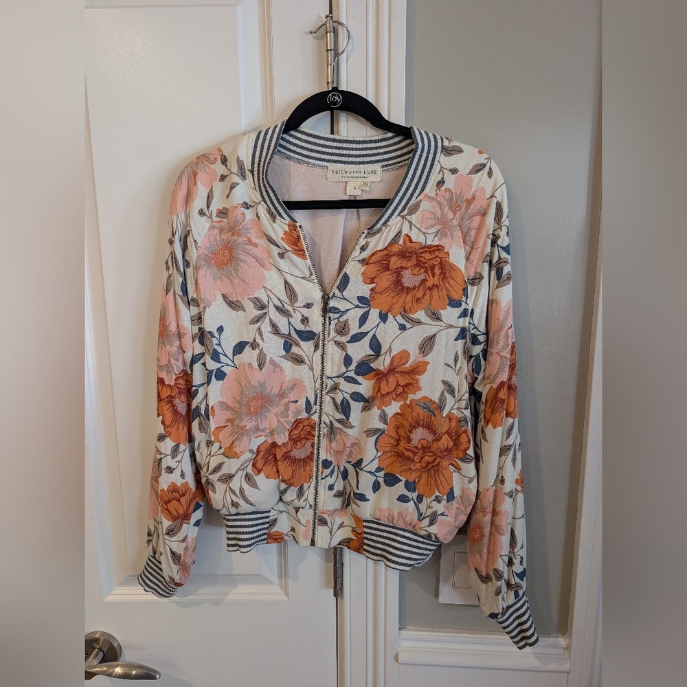 Saltwater LUXE Bomber Jacket Size Small Floral Stripe Print